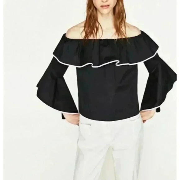 Zara Basic Women's Long Bell Sleeve Ruffle Blouse Size Small Black White - Picture 6 of 7